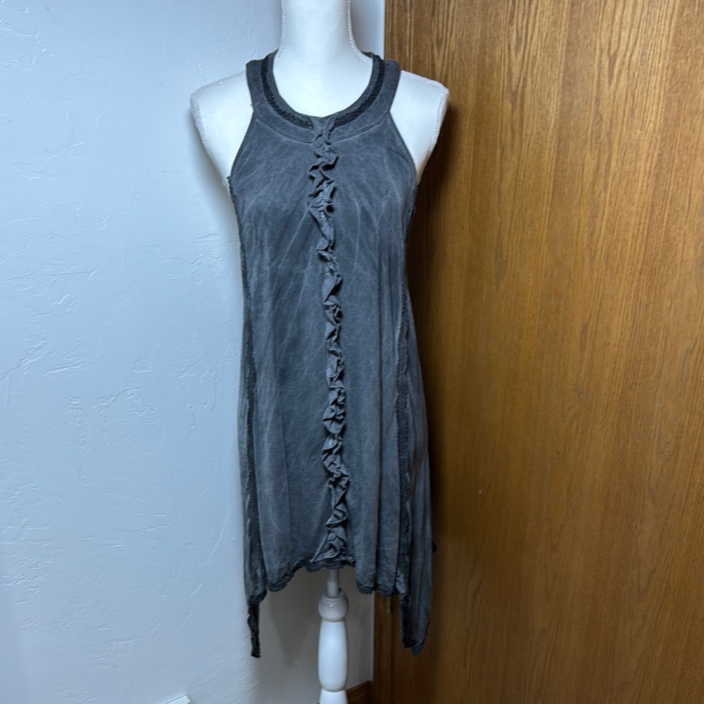 NWOT POL grey acid wash ruffled strappy back dress S